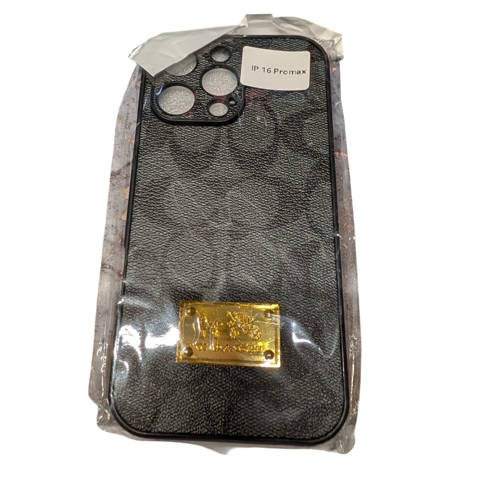 Coach iPhone 16 Pro Max Case Black Signature C Monogram Gold Logo Plaque New